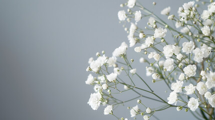Poster - Flowers backgroundBeige gypsophila flowers or babys breath flowers close up on gray background selective focus  Copy space Poster : Generative AI