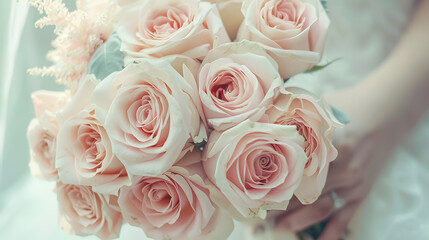 Wall Mural - A wedding bouquet of light roses in the hands of the bride Beige and pink flowers Composition of gentle roses : Generative AI