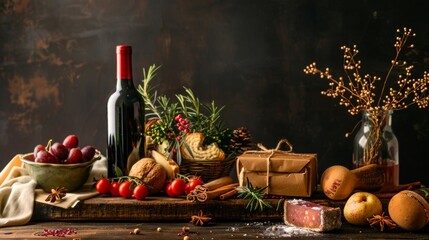 Wall Mural - Festive Still Life with Wine, Fruits, and Gifts