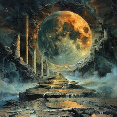 Surreal fantasy landscape with a massive moon, ancient ruins, and mystical atmosphere, evoking a sense of adventure and wonder.