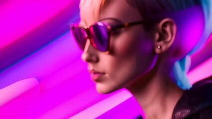 Poster - Woman With Short Hair Wearing Sunglasses Against Neon Lights Generative AI