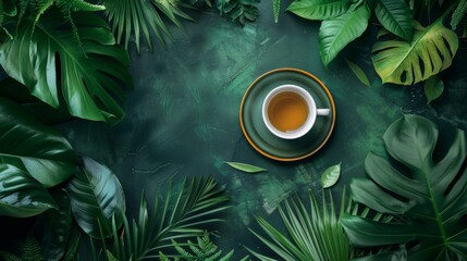 Wall Mural - Cup of Tea Surrounded by Green Leaves