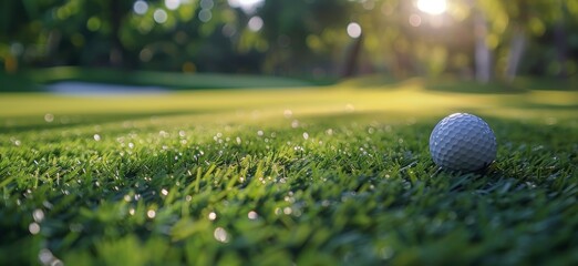 Wall Mural - Golf Ball Resting on Green Grass in a Sunny Golf Course