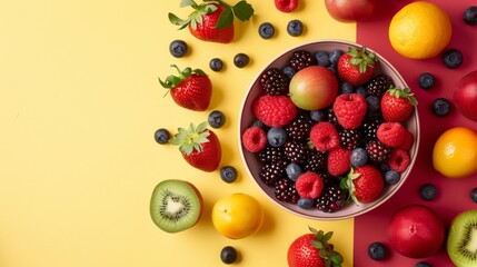 Wall Mural - Assorted Fresh Fruits on Yellow and Red Background