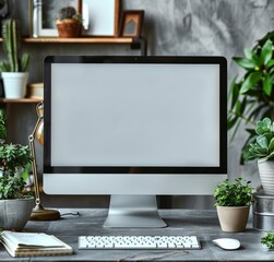 Poster - Blank computer screen mockup on modern office desk with houseplants