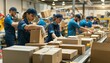 © gearstd - Team of workers in blue uniforms packing products on assembly line in a distribution warehouse