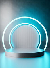 Poster - 3D rendering image of round pedestal near neon lit arch frame