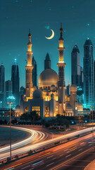 Modern mosque with the crescent moon in Abu Dhabi surrounded by freeways with long exposures creating long futuristic streaks. Smart phone 9:16 aspect ratio.