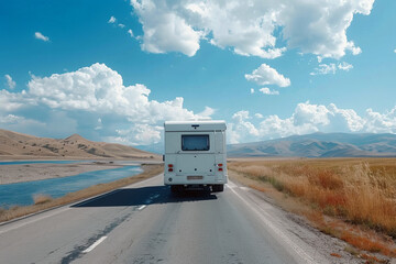 White camper on the road on a sunny summer day among the desert road, rear view
