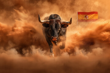 Toro negro con grandes cuernos corriendo levantando polvo en la arena de una plaza de toros con la bandera española al fondo. Concepto fiesta nacional, corridas de toros