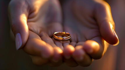 Wall Mural - Closeup of womans hands holding wedding ring Focus on ring High quality photo : Generative AI