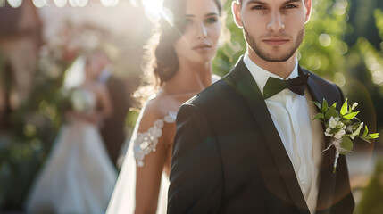 Wall Mural - Selective focus of young attractive man wearing black suite and blurry woman in foreground wearing wedding gown Concept for bride and groom wedding photography : Generative AI