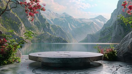 Sticker - Stone Platform Overlooking Serene Mountain Lake With Blooming Flowers