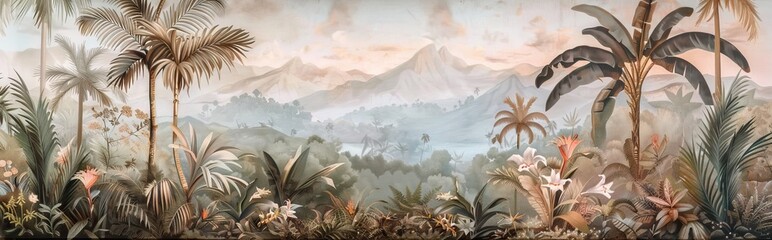 Tropical forest landscape wallpaper design - Mural wallpaper - 3D illustration. AI generated illustration