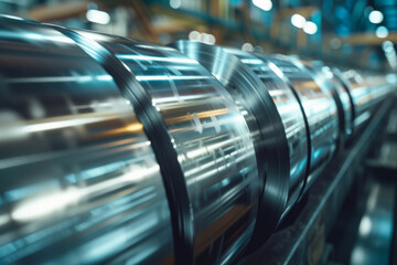 Shiny metal rolls in an industrial setting reflecting light. High-quality steel coils moving in a factory environment.