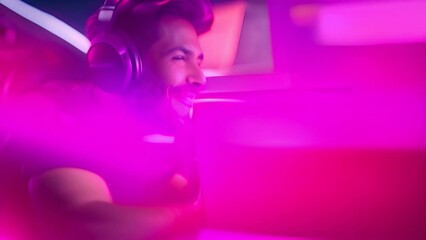 Poster - Gamer With Headphones Smiles While Playing Video Games Generative AI