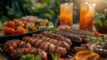 Poster - A detailed close-up of a delicious BBQ feast, showcasing juicy grilled meats, plump sausages, and an array of fresh vegetables, accompanied by chilled drinks