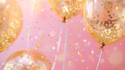 Golden air balloons with confetti inside on a pink background Festive concept Selective focus : Generative AI