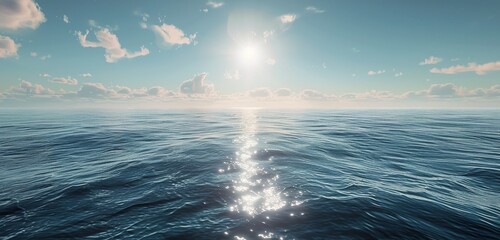 Wall Mural - Calm Ocean Surface With Bright Sunlight and Clouds