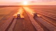© asayenka - Combines harvesters working in tandem on a vast wheat field during sunset, drone view