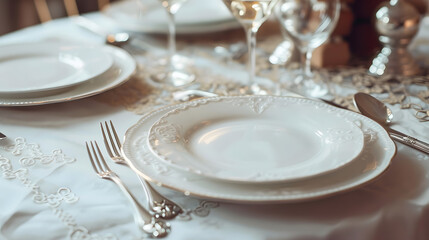 Poster - Festive wedding birthday party table setting with cutlery and plate Menu mockup Elegant modern restaurant menu template with vertical blank paper card Mediterranean dinner menu design : Generative AI
