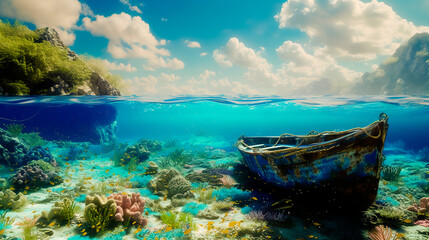 Wall Mural - A blue sky a blue reef and a sunk blue boat.