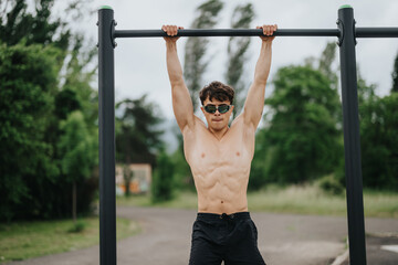 Athletic shirtless man hanging on metal bars during a fitness workout in an outdoor park, showcasing strength and determination