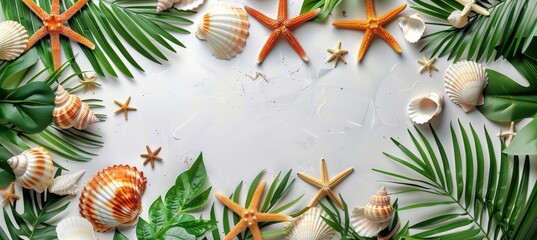 Wall Mural - Tropical Seashells and Starfish on White Background