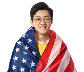 Sticker - Young Asian man with USA flag on white background, closeup