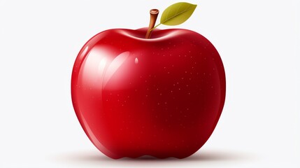 Wall Mural - This vibrant image depicts a detailed red apple with a glossy surface, a firm stem, and a fresh green leaf, ideal for food and health wellness contexts.