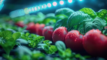 Wall Mural - Close-up of Tomatoes and Basil in a Hydroponic Garden
