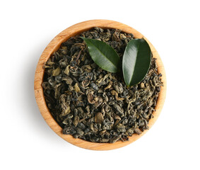 Sticker - Wooden bowl with dry green tea and fresh leaves on white background