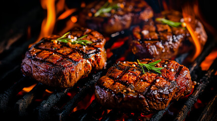 Freshly grilled meat set on a charcoal fire, on an isolated tender clean dark background.