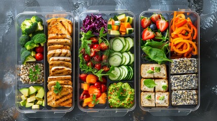 Wall Mural - Vegetarian lunch boxes with a variety of fresh vegetables, rice and sauces. Healthy eating for an active lifestyle. Colorful and delicious lunches with broccoli, carrots, zucchini, tofu and beans