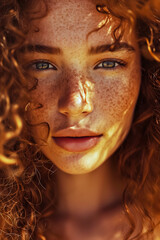 Wall Mural - A beautiful young redhead woman with curls and freckles.