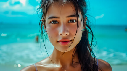 Wall Mural - Photography from Pattaya Beach, beautiful young Thai female supermodel on beach.