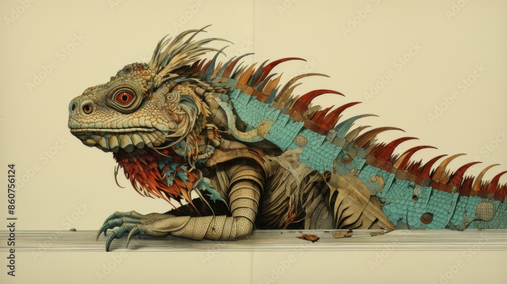 An intricately stylized iguana illustration featuring colorful and ...
