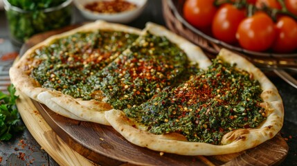 Try our mouthwatering homemade zaatar manakeesh. It's a classic Lebanese dish made with a pita bread topped with our special blend of herbs and spices