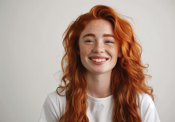 Wall Mural - happy attractive young woman with long wavy red hair and freckles wears stylish t shirt looks happy and smiling