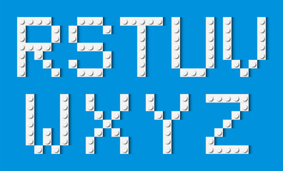 Wall Mural - Letters of the alphabet composed of white plastic brick toy blocks on blue background. Building bricks font. Vector background illustration