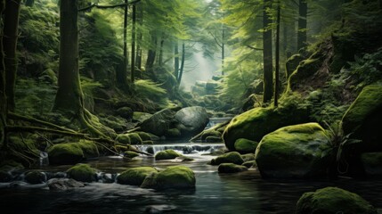 Wall Mural - A serene forest scene featuring moss-covered rocks along a gentle stream, with lush green foliage and dappled light filtering through the trees creating a peaceful atmosphere.