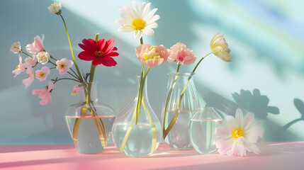 Poster - Beautiful flowers in glass vases on pastel sunlit background with shadows Nature concept Minimal style Selective focus : Generative AI