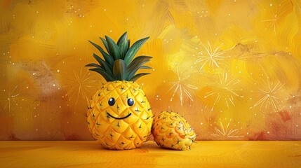 Wall Mural - Cheerful Pineapple with Signboard - Smiling Tropical Fruit Holding Blank Panel for Advertisement or Promotion - Fun and Fresh Summer Concept