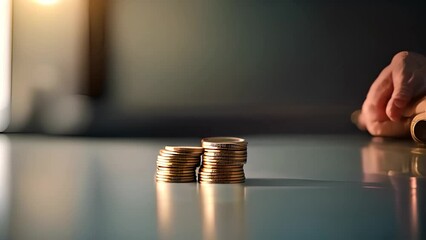 Poster - Person Adding Coin To Stacks On Table Generative AI