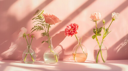 Poster - Beautiful flowers in glass vases on pastel sunlit background with shadows Nature concept Minimal style Selective focus : Generative AI