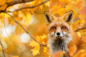 Wall Mural - A stunning portrait of a red fox in its autumn habitat, set against a backdrop of vibrant foliage