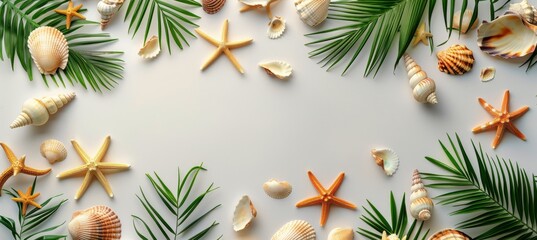 Wall Mural - Tropical Seashells and Starfish on White Background
