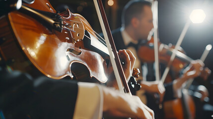 Aufkleber - Elegant string quartet performing at wedding reception in restaurant handsome man in suits playing violin and cello at theatre play orchestra closeup music concept : Generative AI