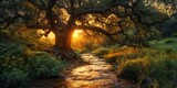 magical sunset forest with a ancient oak tree and a stream beside the path