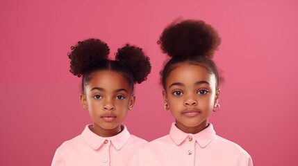 Wall Mural - young African American identical female siblings in standing against pink background and looking at camera